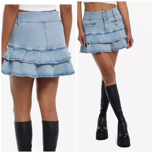 Social Collision Denim Pleated Mini Skirt L‎ Ruffled Hot Topic stretch Fairygoth